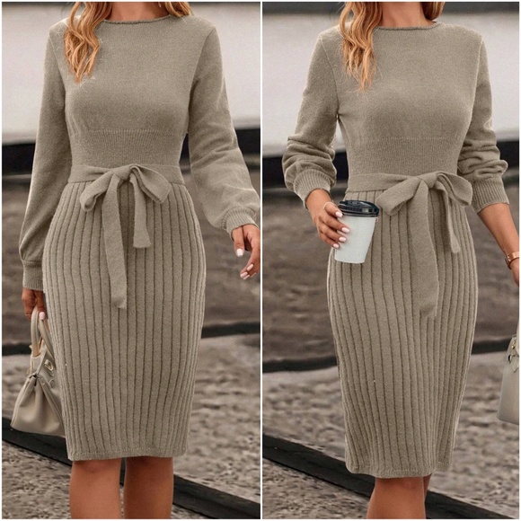 BellanBlue Dresses & Skirts - Classic Ribbed Belted Solid Sweater Dress
